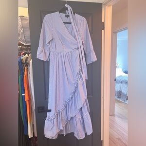 Zara Blue and White Striped Wrap Midi Dress with Ruffle Hem